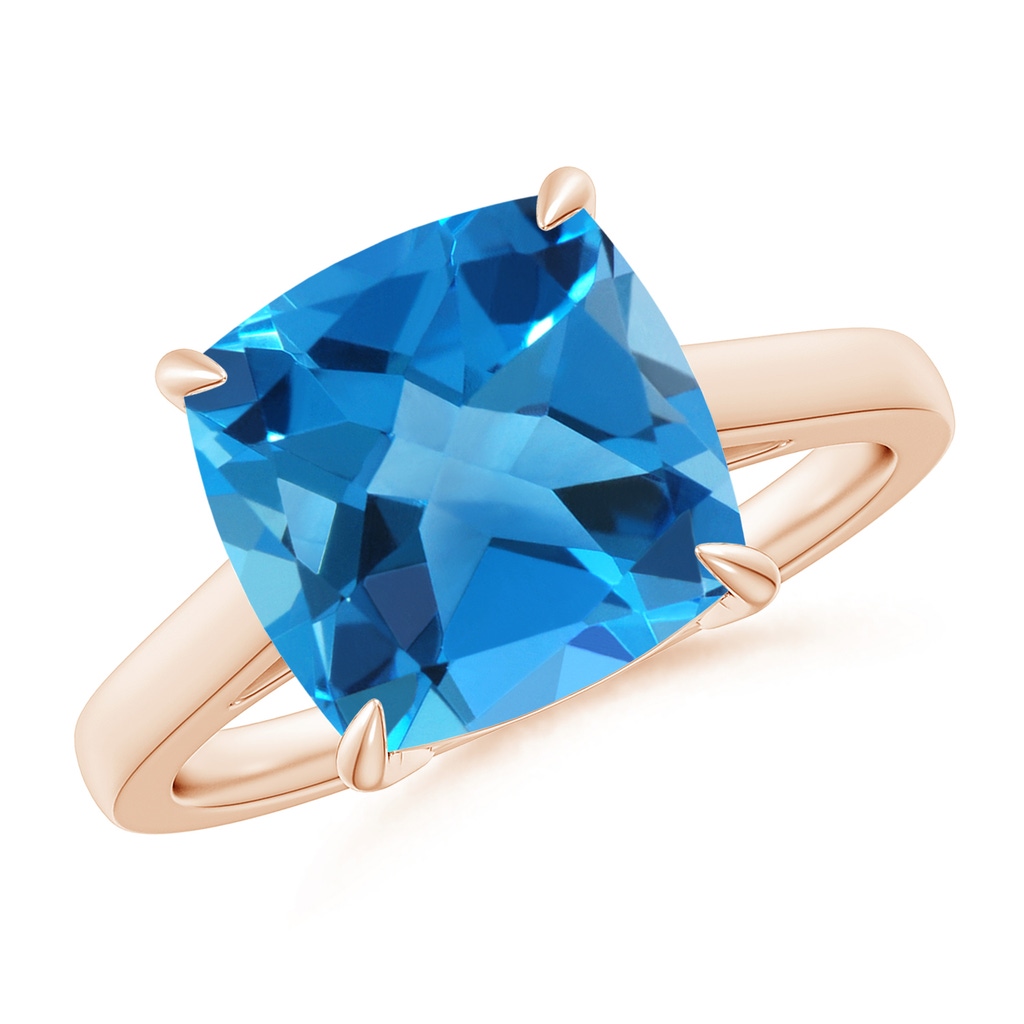 10mm AAAA Classic Solitaire Cushion Swiss Blue Topaz Cocktail Ring in Rose Gold