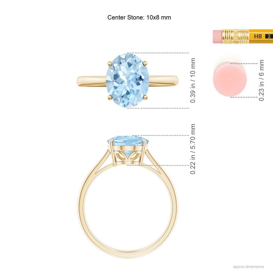 10x8mm AAA Oval Solitaire Aquamarine Engagement Ring in 18K Yellow Gold ruler