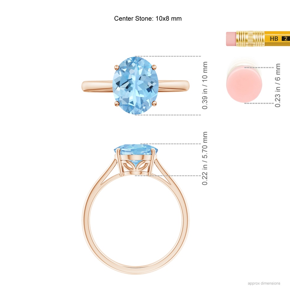 10x8mm AAAA Oval Solitaire Aquamarine Engagement Ring in Rose Gold ruler