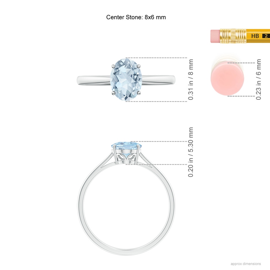 8x6mm A Oval Solitaire Aquamarine Engagement Ring in S999 Silver ruler