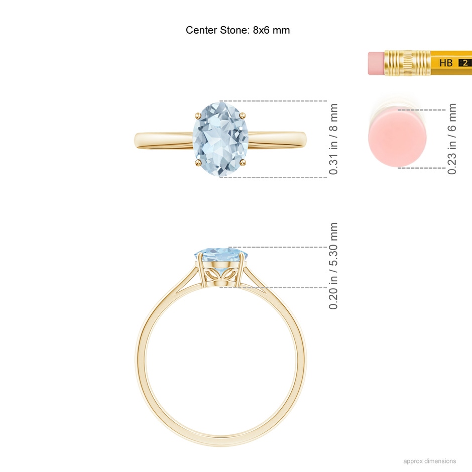 8x6mm A Oval Solitaire Aquamarine Engagement Ring in Yellow Gold ruler