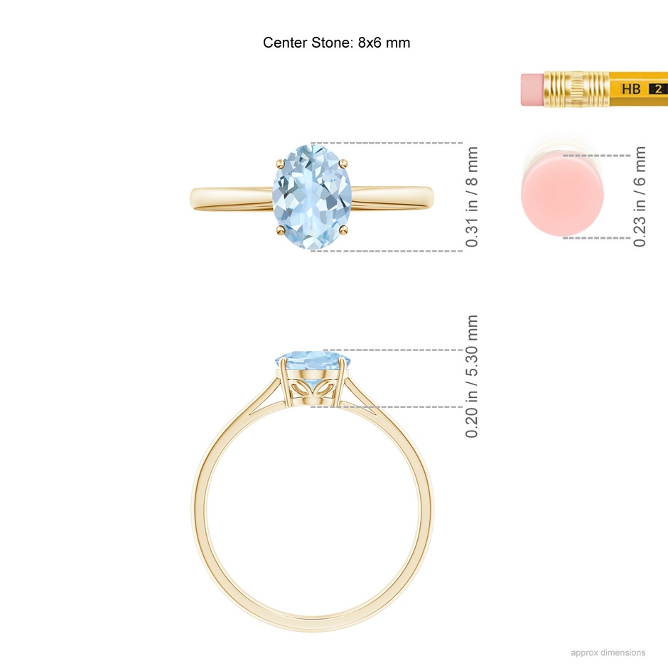 8x6mm AA Oval Solitaire Aquamarine Engagement Ring in Yellow Gold ruler