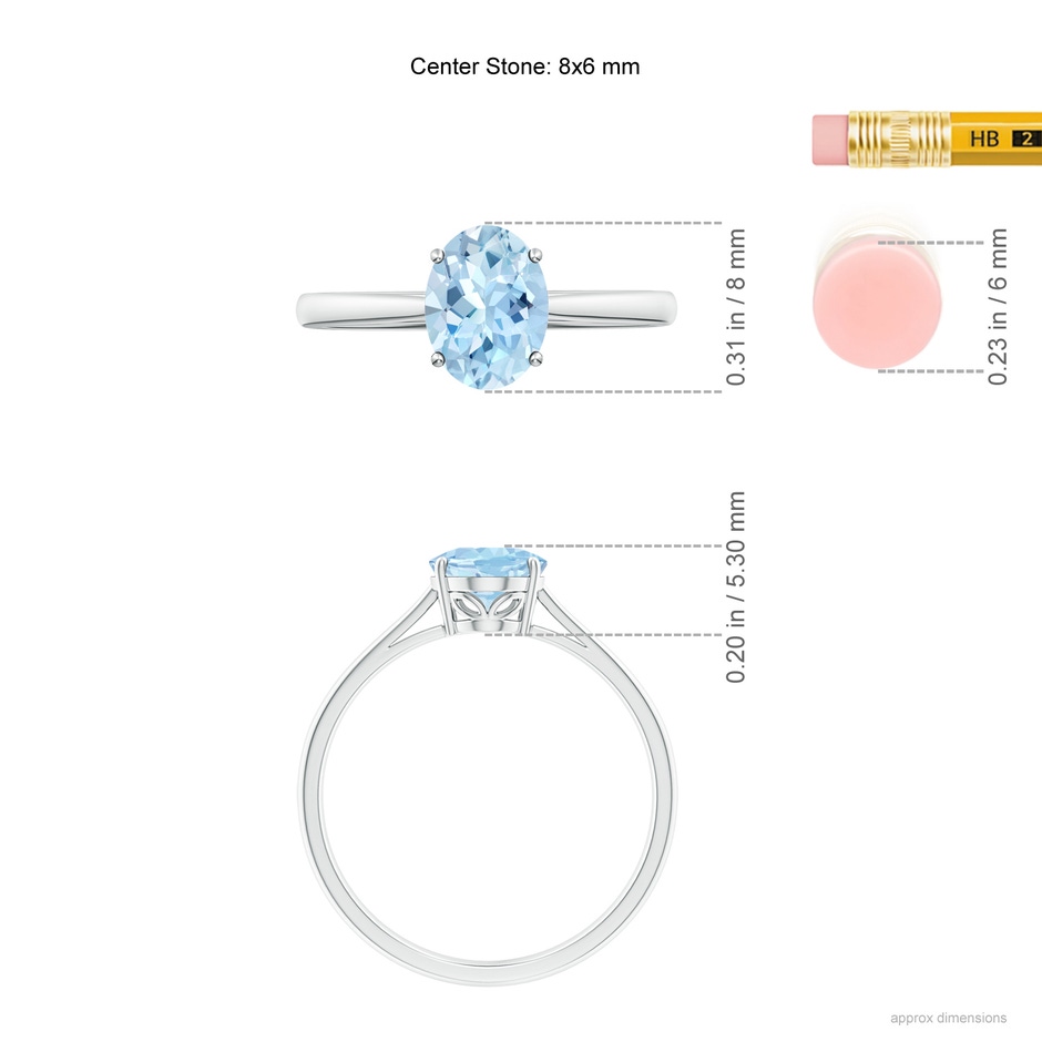 8x6mm AAA Oval Solitaire Aquamarine Engagement Ring in White Gold ruler