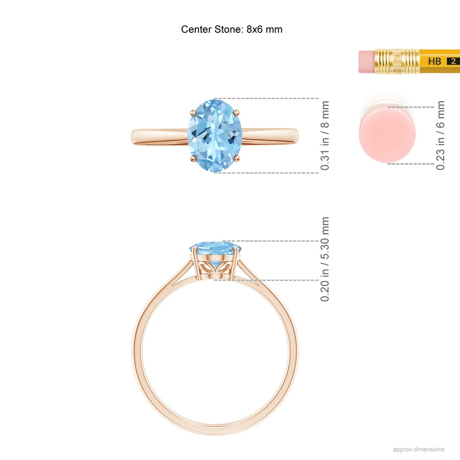 8x6mm AAAA Oval Solitaire Aquamarine Engagement Ring in Rose Gold ruler