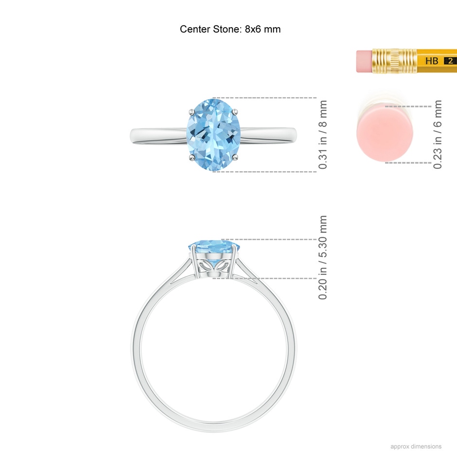 8x6mm AAAA Oval Solitaire Aquamarine Engagement Ring in White Gold ruler
