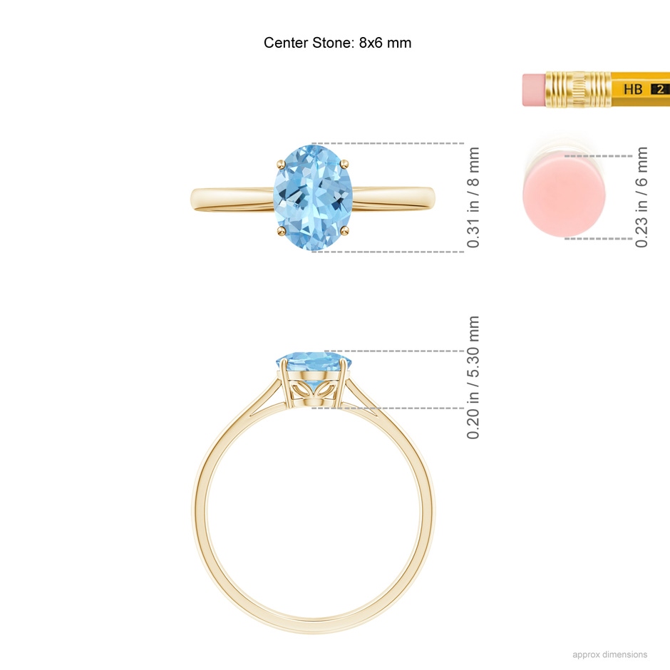 8x6mm AAAA Oval Solitaire Aquamarine Engagement Ring in Yellow Gold ruler