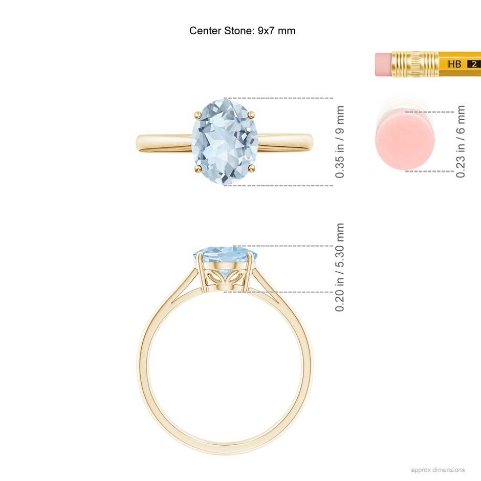 9x7mm A Oval Solitaire Aquamarine Engagement Ring in 10K Yellow Gold ruler