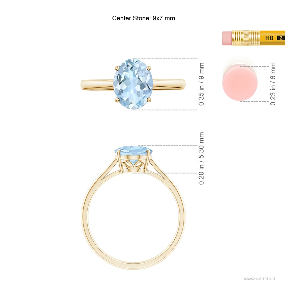 9x7mm AA Oval Solitaire Aquamarine Engagement Ring in 18K Yellow Gold ruler