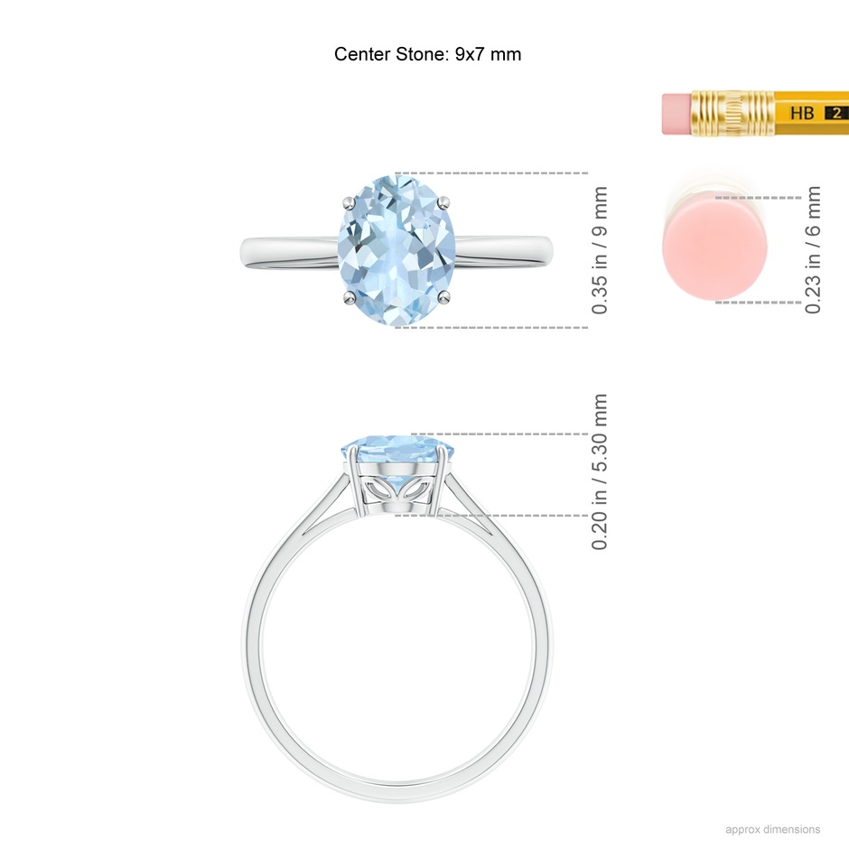 9x7mm AA Oval Solitaire Aquamarine Engagement Ring in S999 Silver ruler