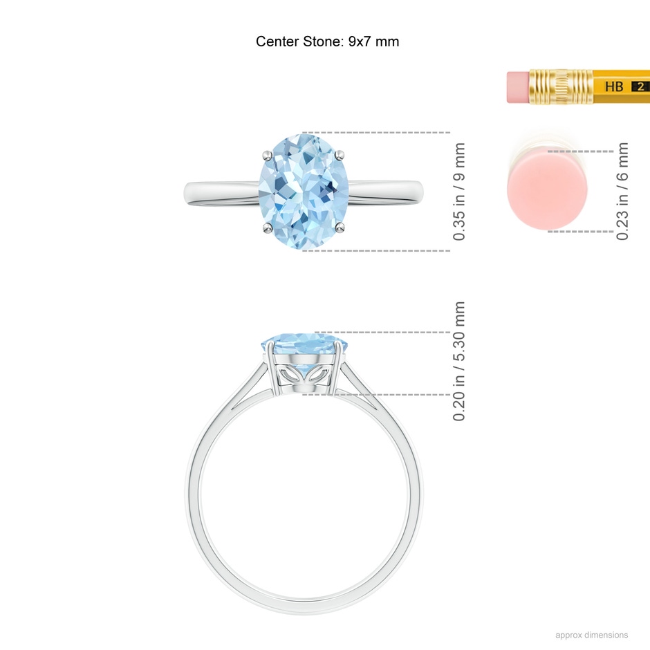9x7mm AAA Oval Solitaire Aquamarine Engagement Ring in S999 Silver ruler