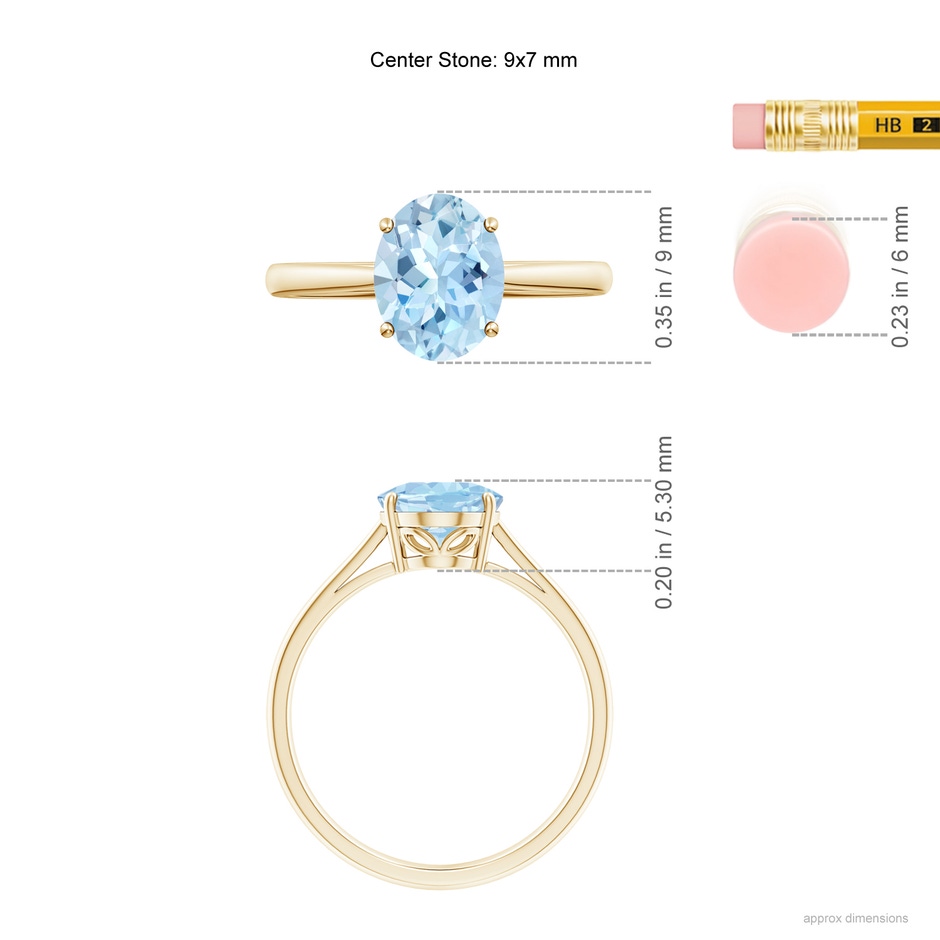 9x7mm AAA Oval Solitaire Aquamarine Engagement Ring in Yellow Gold ruler