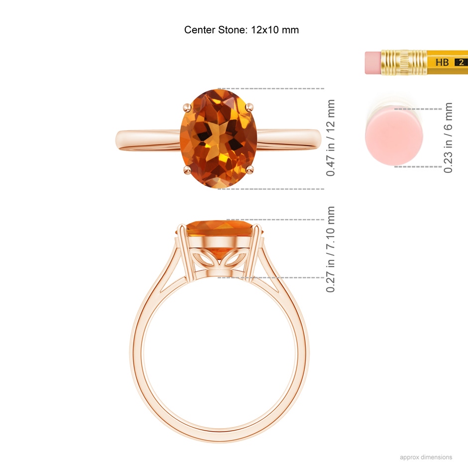 12x10mm AAAA Oval Solitaire Citrine Cocktail Ring in Rose Gold ruler