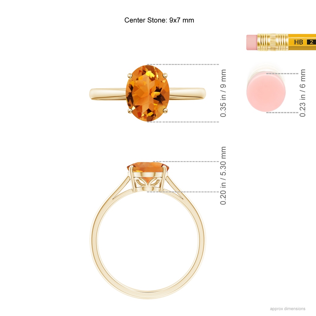 9x7mm AAA Oval Solitaire Citrine Cocktail Ring in Yellow Gold ruler