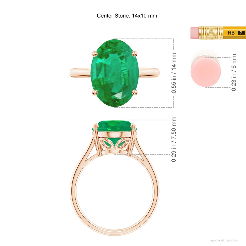 14x10mm AA Oval Solitaire Emerald Cocktail Ring in Rose Gold ruler