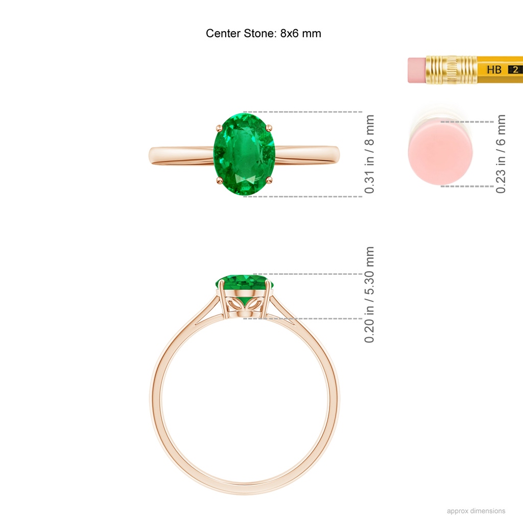 8x6mm AAA Oval Solitaire Emerald Cocktail Ring in Rose Gold ruler