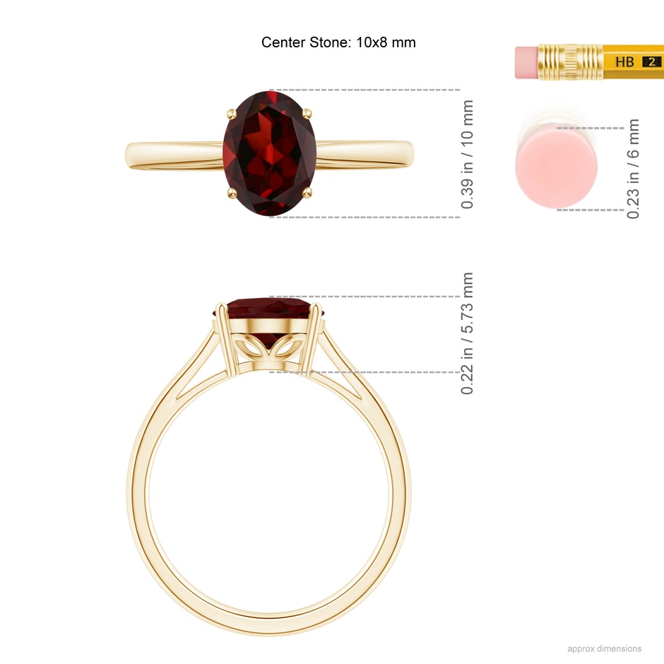 10x8mm AAA Oval Solitaire Garnet Cocktail Ring in Yellow Gold ruler