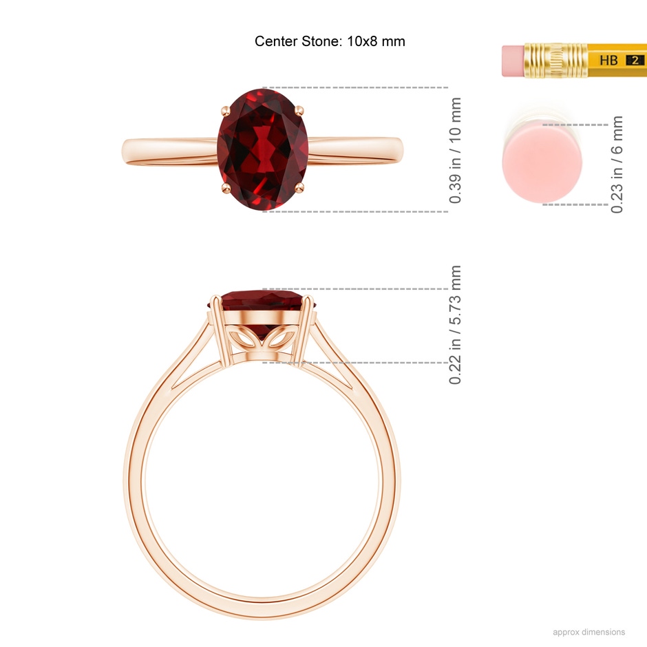 10x8mm AAAA Oval Solitaire Garnet Cocktail Ring in Rose Gold ruler