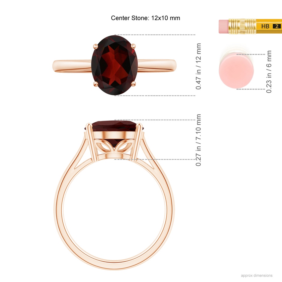 12x10mm AA Oval Solitaire Garnet Cocktail Ring in Rose Gold ruler