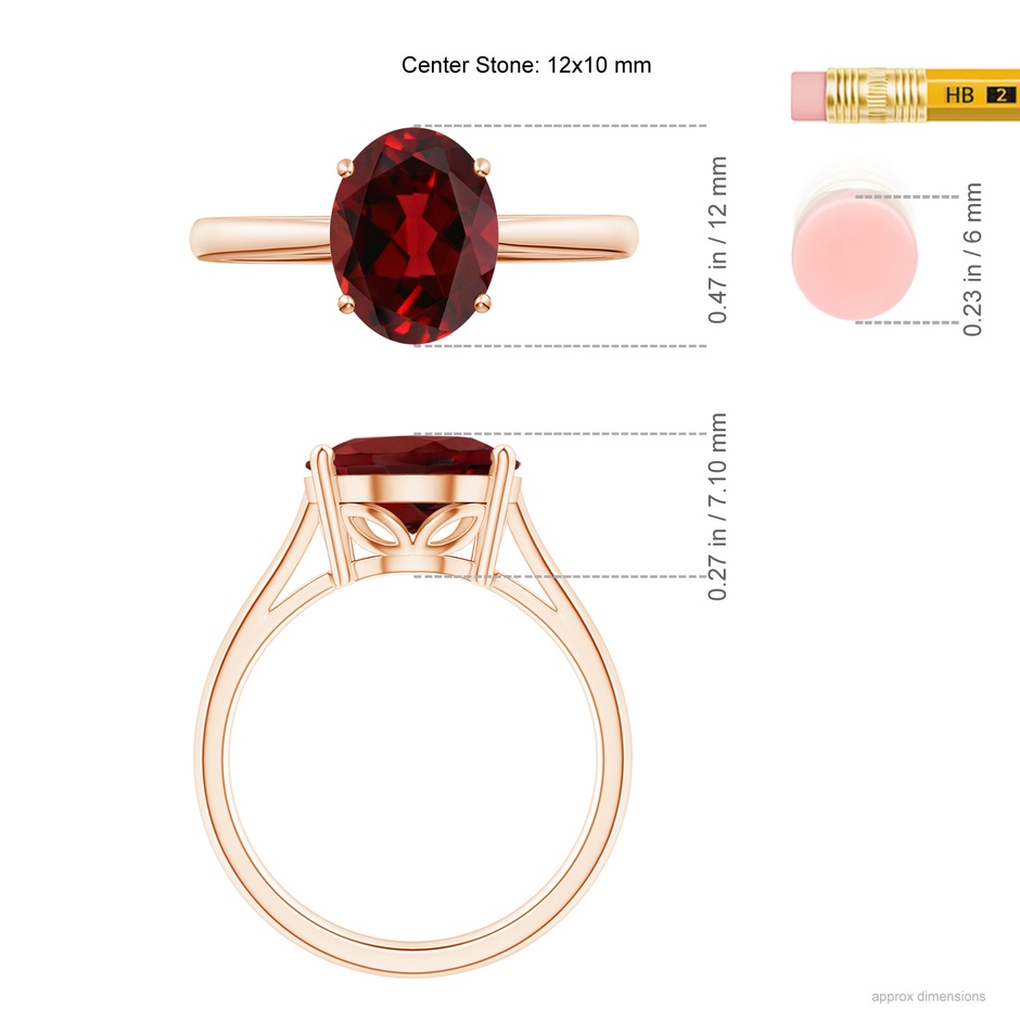 12x10mm AAAA Oval Solitaire Garnet Cocktail Ring in Rose Gold ruler