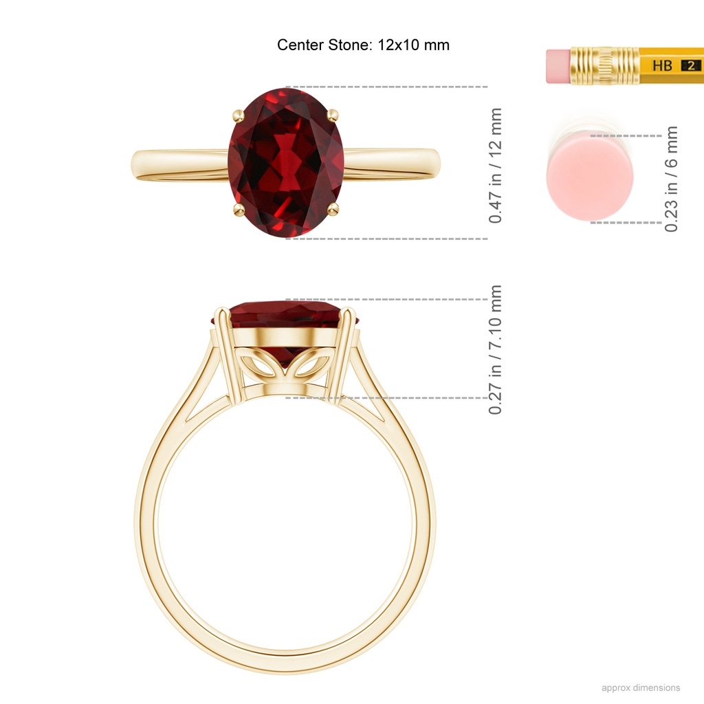 12x10mm AAAA Oval Solitaire Garnet Cocktail Ring in Yellow Gold Ruler