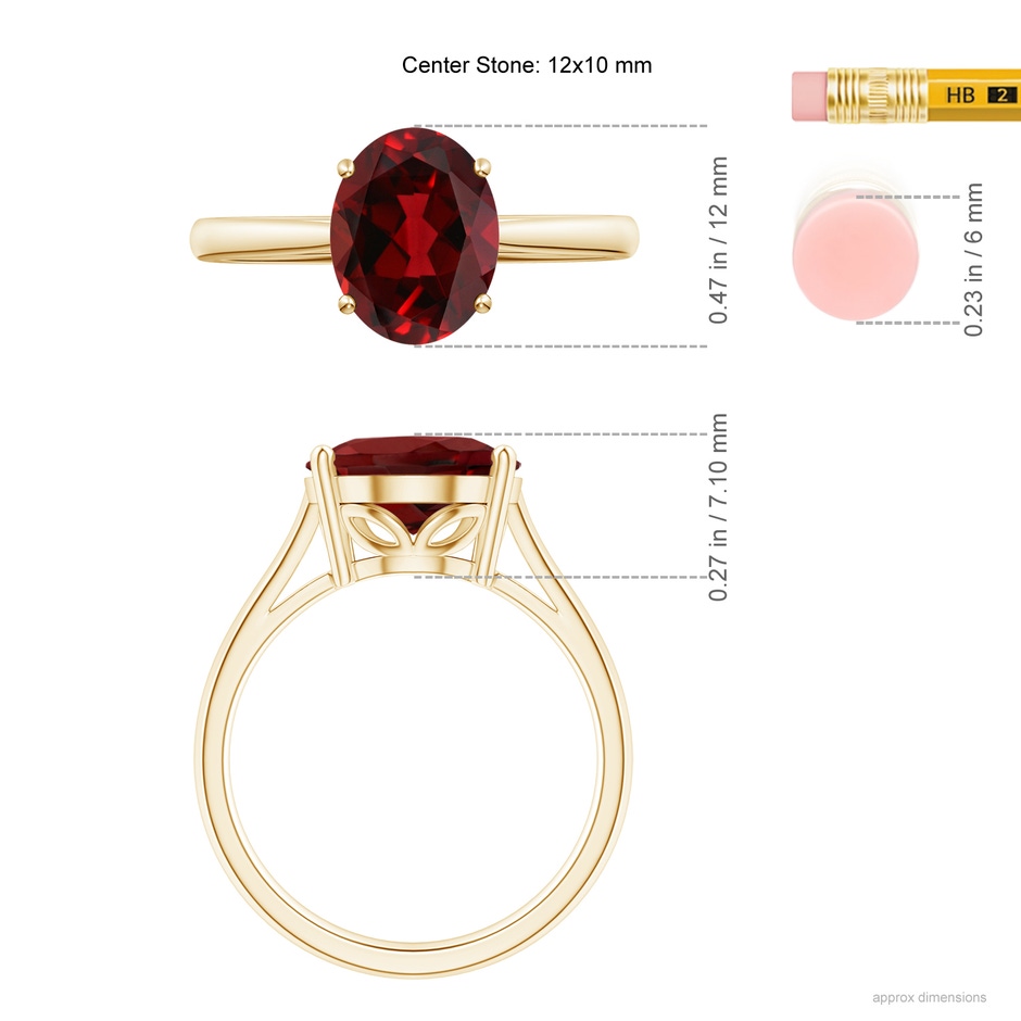12x10mm AAAA Oval Solitaire Garnet Cocktail Ring in Yellow Gold ruler