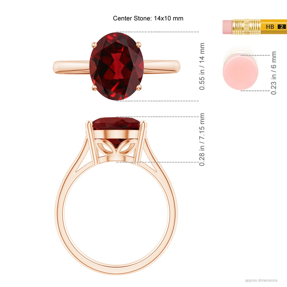 14x10mm AAAA Oval Solitaire Garnet Cocktail Ring in Rose Gold ruler