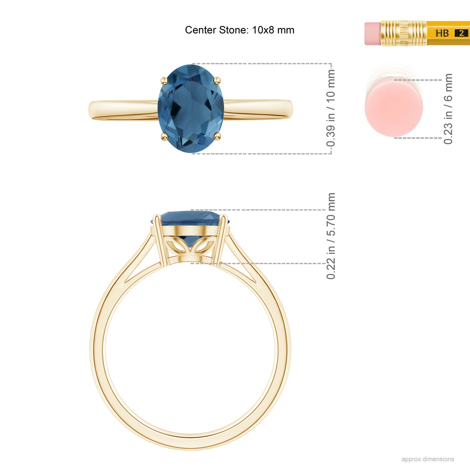 10x8mm A Oval Solitaire London Blue Topaz Cocktail Ring in Yellow Gold ruler