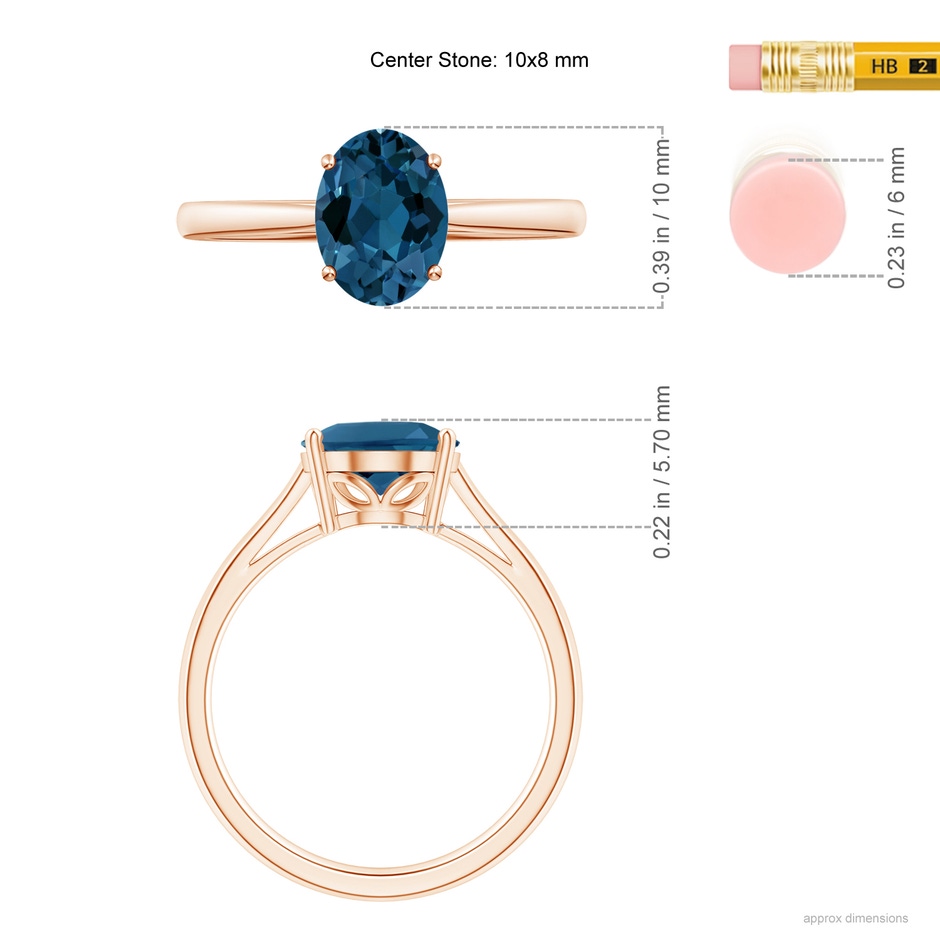 10x8mm AAA Oval Solitaire London Blue Topaz Cocktail Ring in Rose Gold ruler