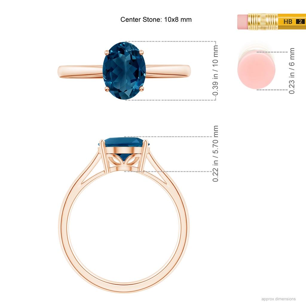 10x8mm AAAA Oval Solitaire London Blue Topaz Cocktail Ring in Rose Gold Ruler