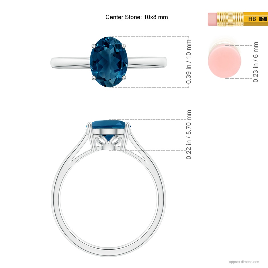 10x8mm AAAA Oval Solitaire London Blue Topaz Cocktail Ring in White Gold ruler