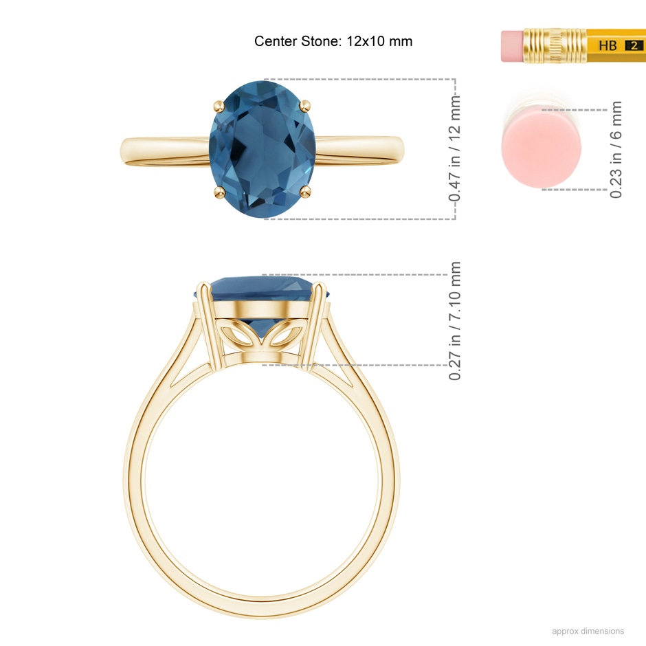 12x10mm A Oval Solitaire London Blue Topaz Cocktail Ring in Yellow Gold ruler