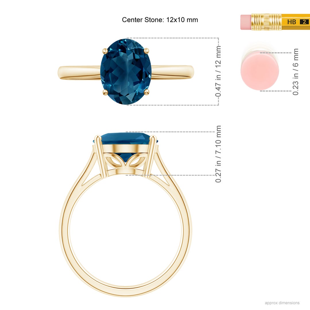 12x10mm AAAA Oval Solitaire London Blue Topaz Cocktail Ring in Yellow Gold - ruler