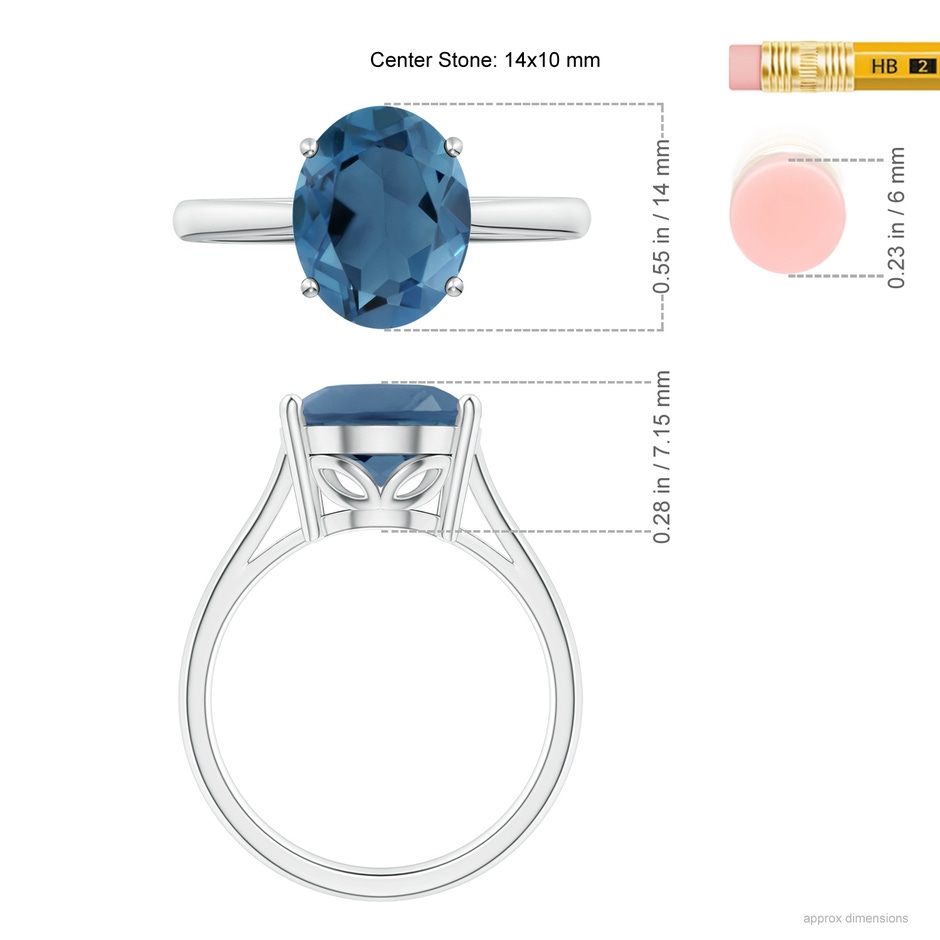14x10mm A Oval Solitaire London Blue Topaz Cocktail Ring in S999 Silver ruler