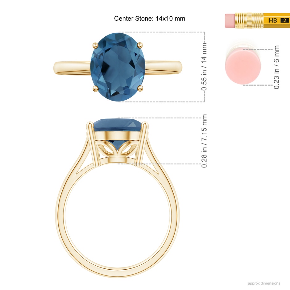 14x10mm A Oval Solitaire London Blue Topaz Cocktail Ring in Yellow Gold ruler