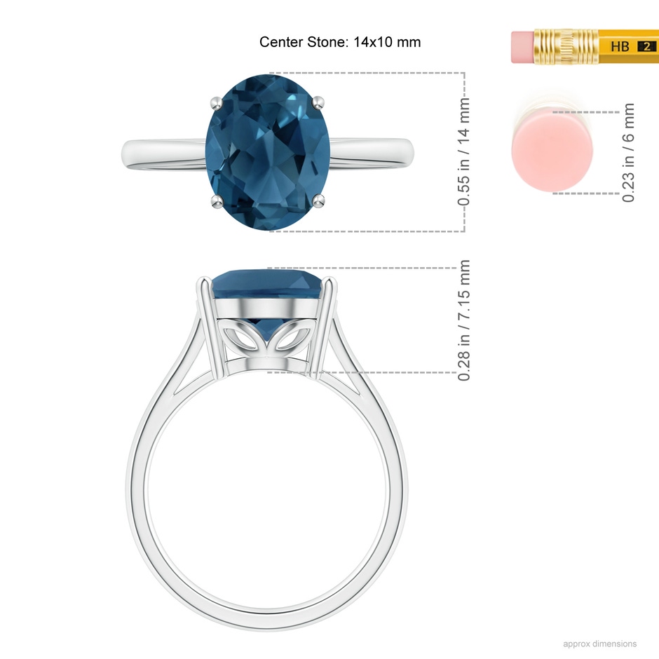 14x10mm AA Oval Solitaire London Blue Topaz Cocktail Ring in S999 Silver ruler