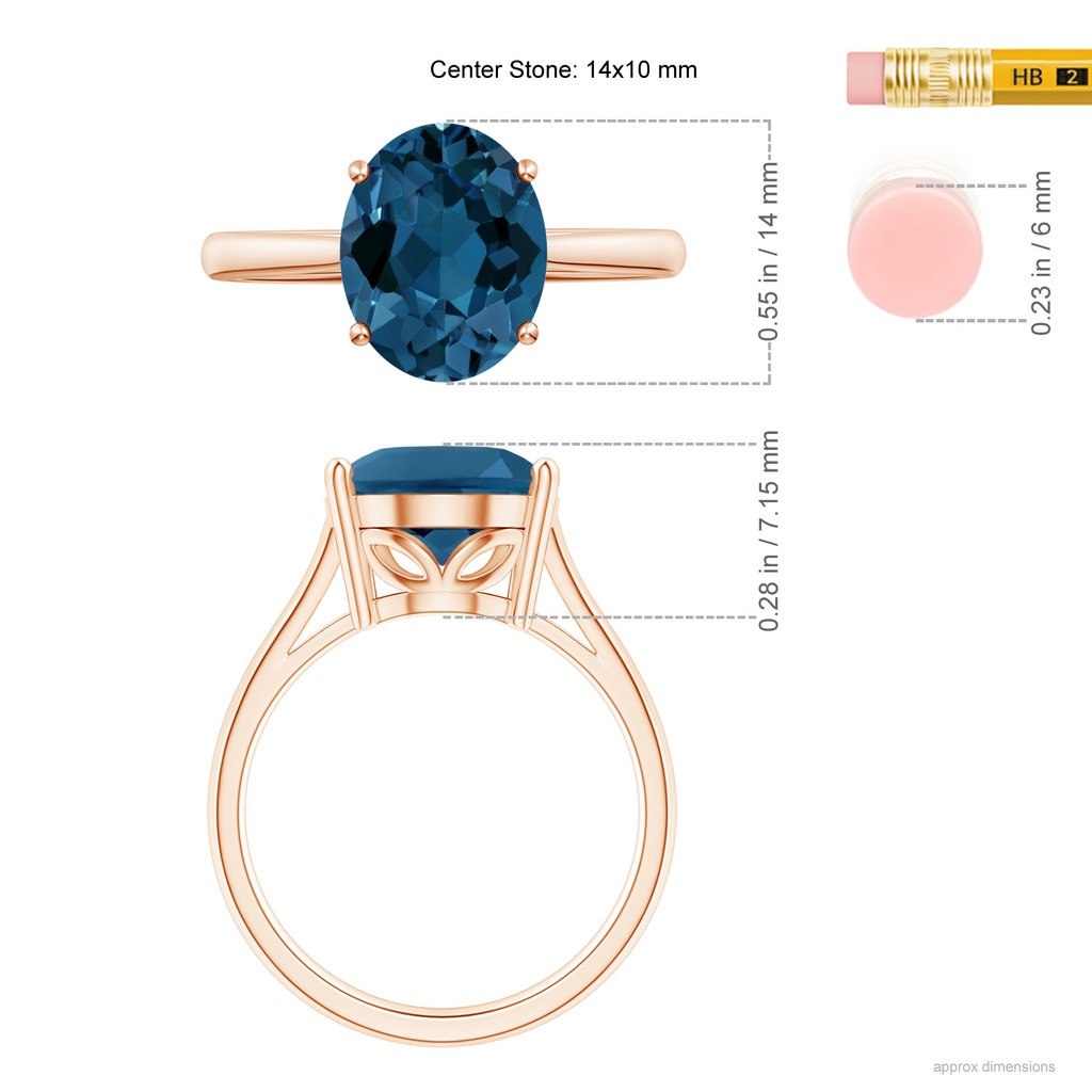 14x10mm AAA Oval Solitaire London Blue Topaz Cocktail Ring in Rose Gold Ruler