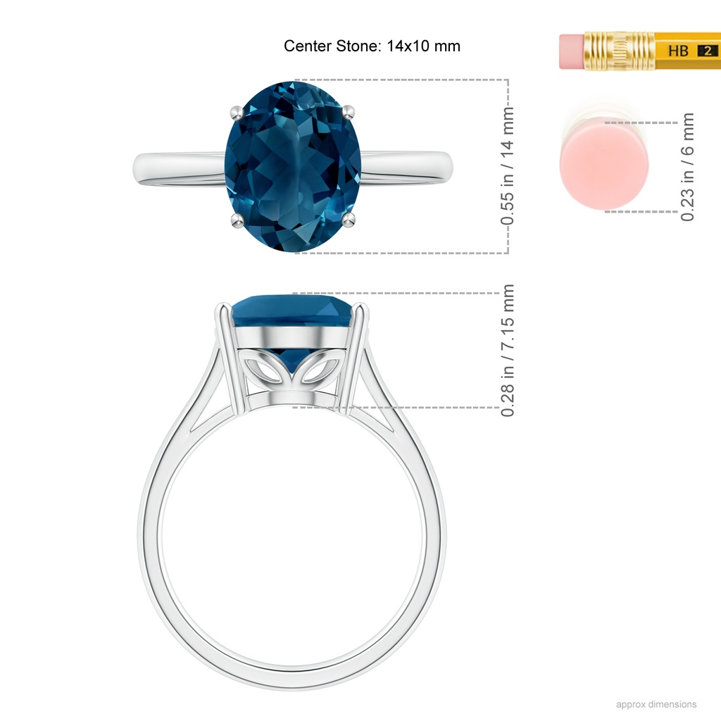 14x10mm AAAA Oval Solitaire London Blue Topaz Cocktail Ring in P950 Platinum Ruler