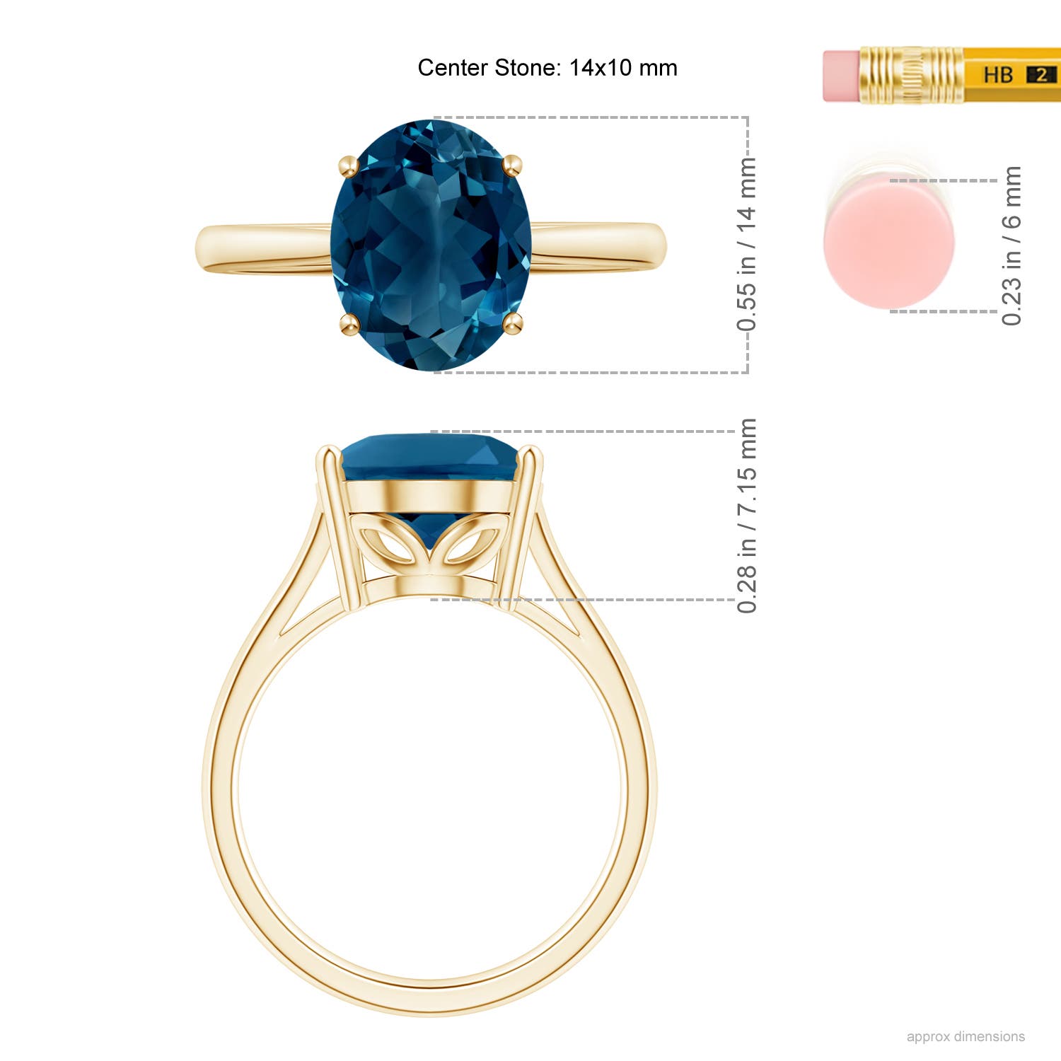 14x10mm AAAA Oval Solitaire London Blue Topaz Cocktail Ring in Yellow Gold - ruler