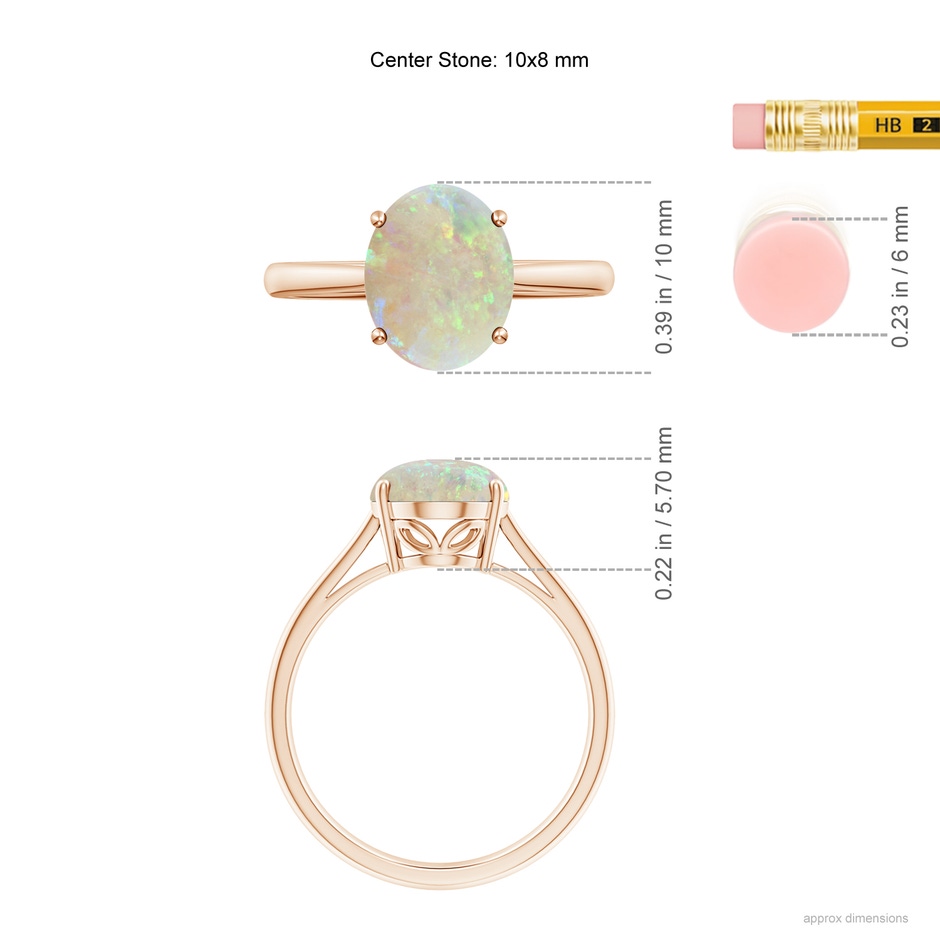 10x8mm AAA Oval Solitaire Opal Cocktail Ring in Rose Gold ruler