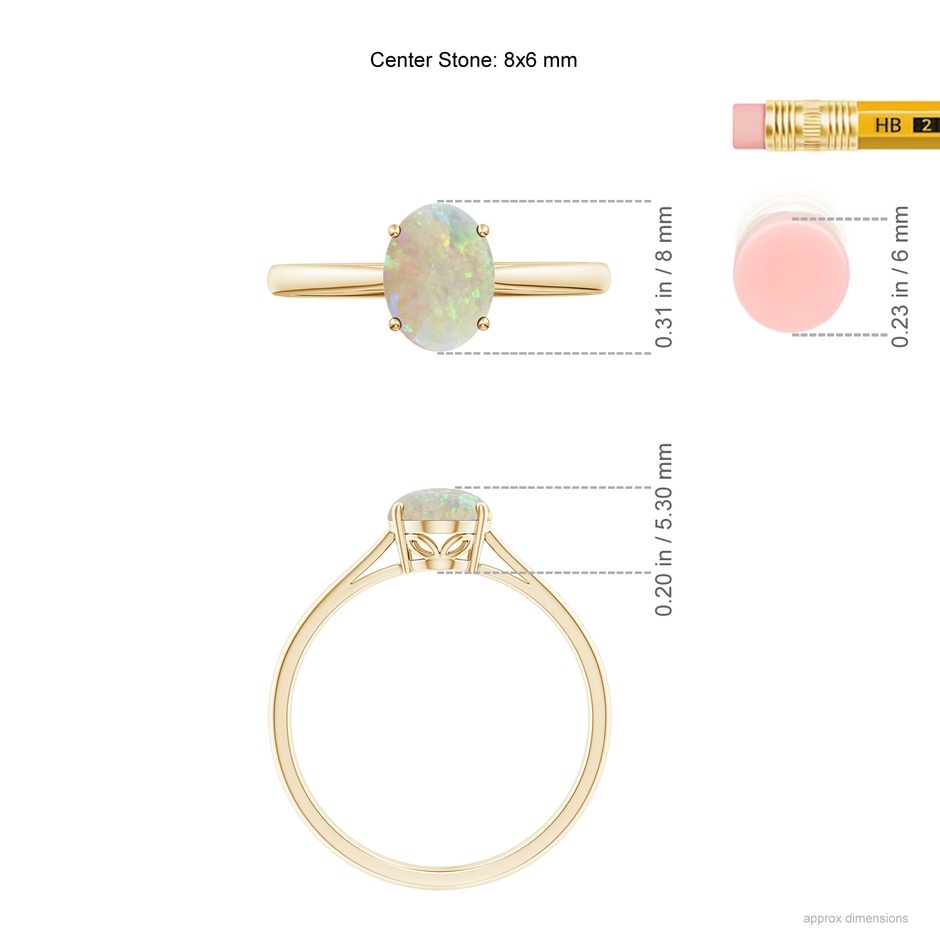 8x6mm AAA Oval Solitaire Opal Cocktail Ring in 9K Yellow Gold ruler