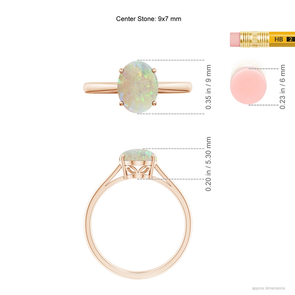 9x7mm AAA Oval Solitaire Opal Cocktail Ring in Rose Gold ruler