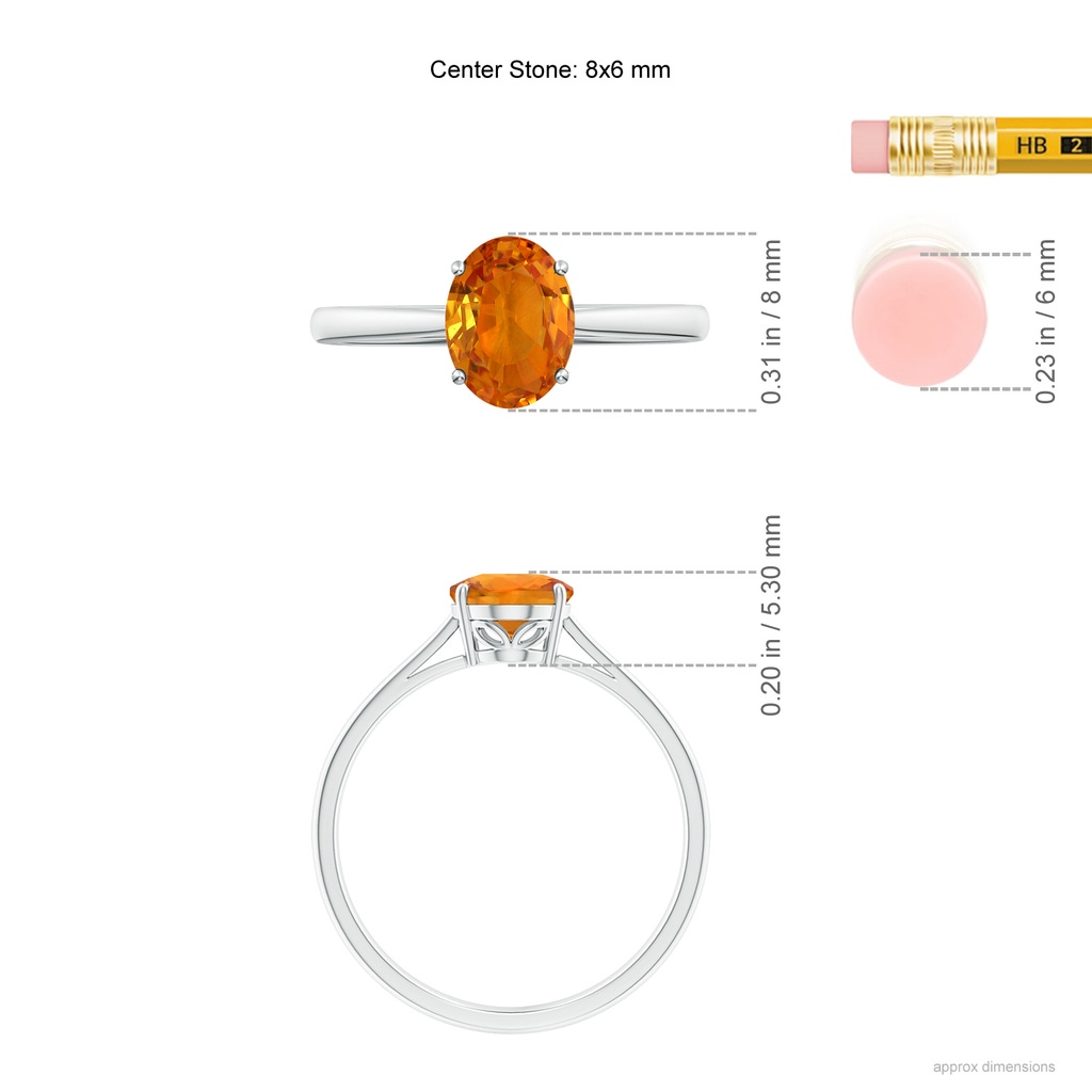 8x6mm AAA Oval Solitaire Orange Sapphire Cocktail Ring in White Gold Ruler