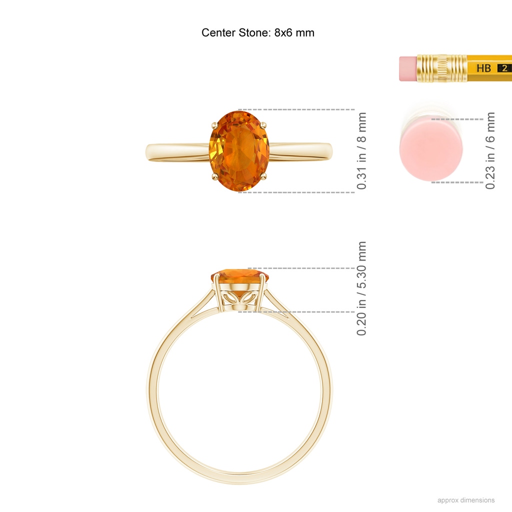 8x6mm AAA Oval Solitaire Orange Sapphire Cocktail Ring in Yellow Gold Ruler