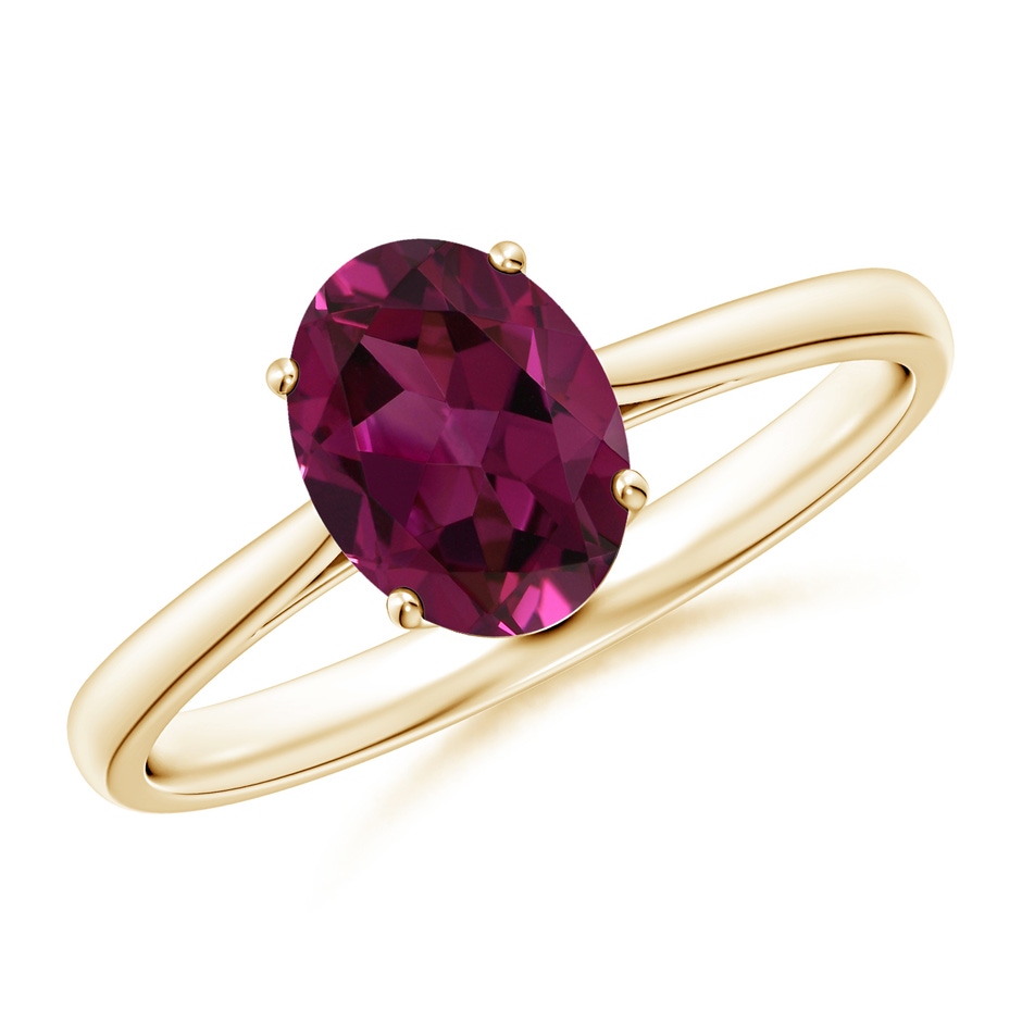 8x6mm AAAA Oval Solitaire Rhodolite Cocktail Ring in Yellow Gold 