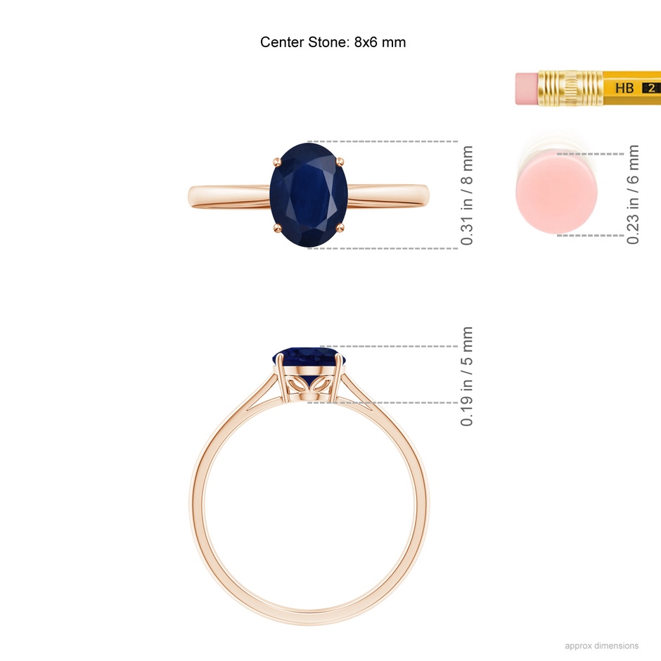 8x6mm A Oval Solitaire Blue Sapphire Cocktail Ring in Rose Gold ruler