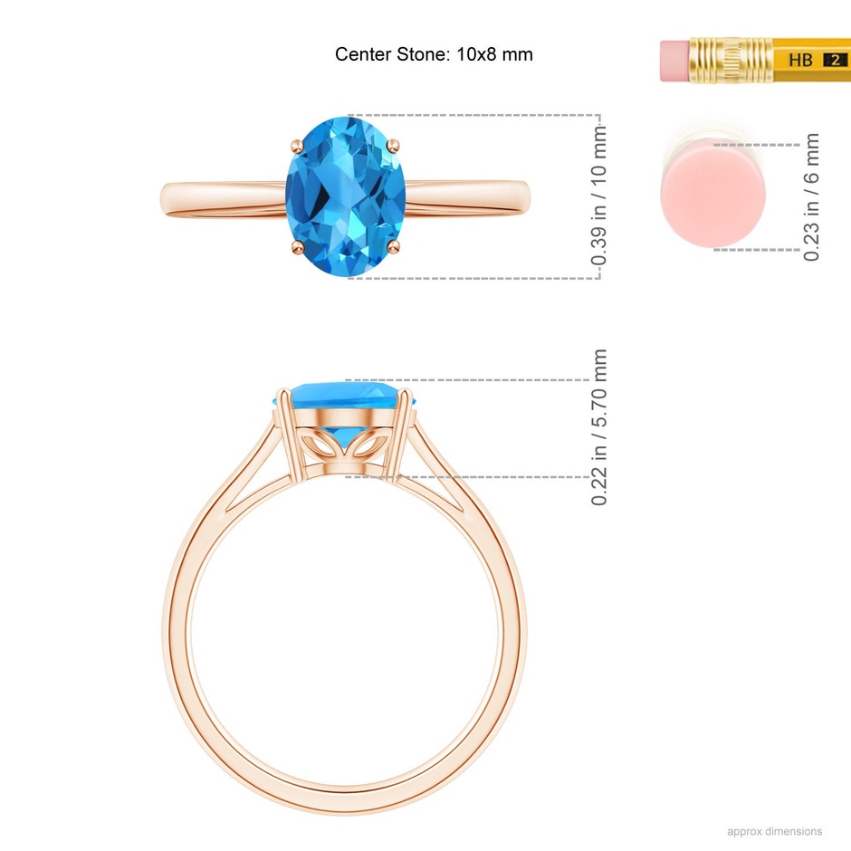 10x8mm AAAA Oval Solitaire Swiss Blue Topaz Cocktail Ring in Rose Gold ruler