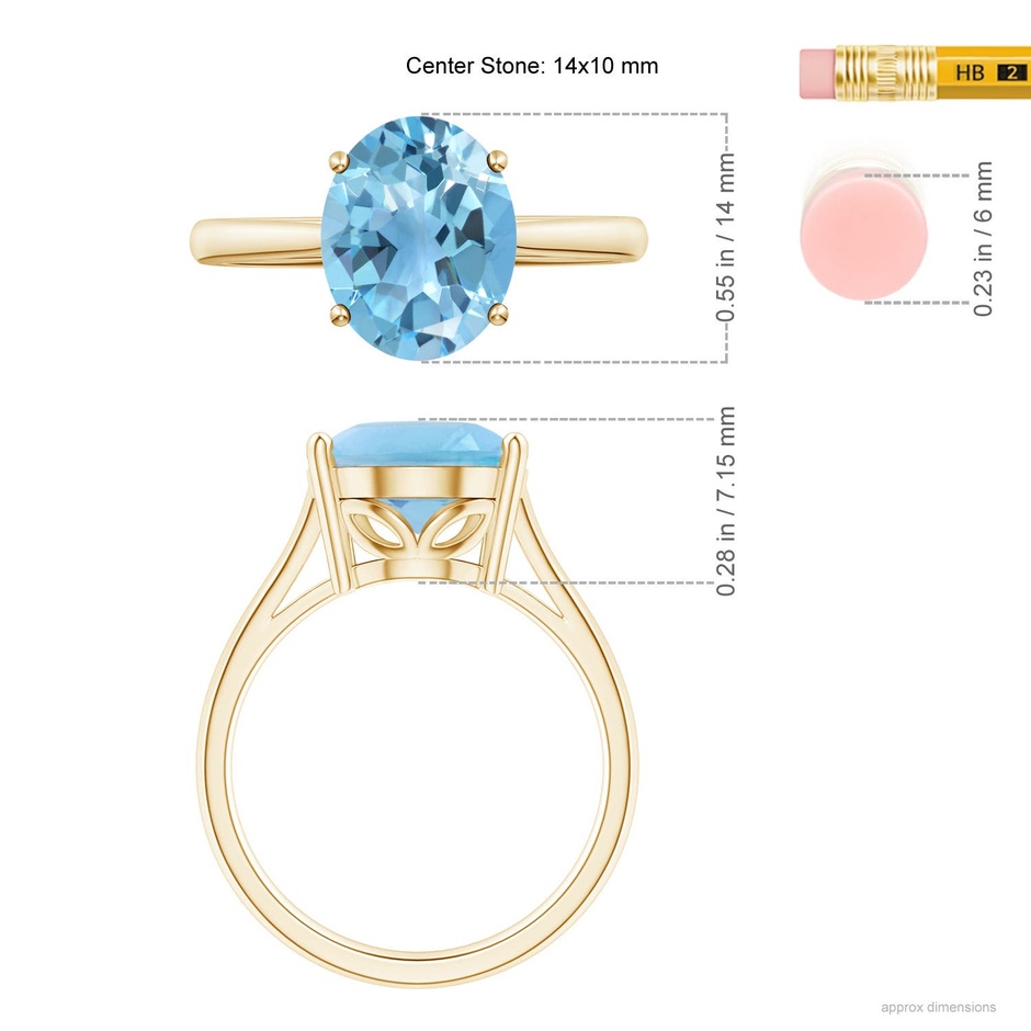 14x10mm A Oval Solitaire Swiss Blue Topaz Cocktail Ring in Yellow Gold ruler