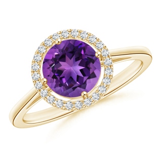7mm AAAA Floating Round Amethyst Ring with Diamond Halo in Yellow Gold