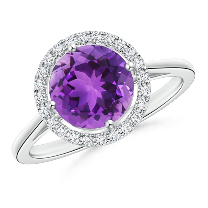 8mm AAA Floating Round Amethyst Ring with Diamond Halo in White Gold 