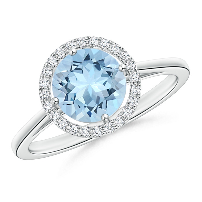 7mm AAA Floating Round Aquamarine Ring with Diamond Halo in White Gold